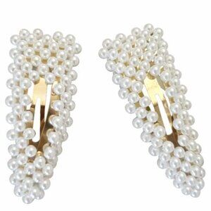 Pearl Snap Hair Clips Set Gold Tone Faux Pearl Barrettes 2.5” Elegant Chic New